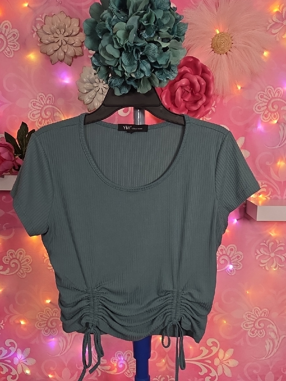 YMI Ribbed Sage Green Short-Sleeve Drawstring Crop Top